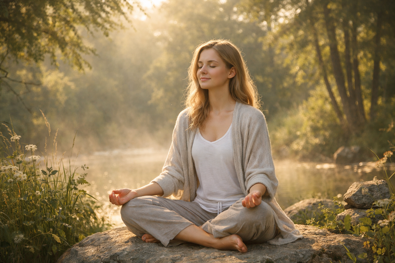 peaceful woman sitting in quiet natural setting with closed eyes, gentle morning light filtering through trees, serene wellness atmosphere