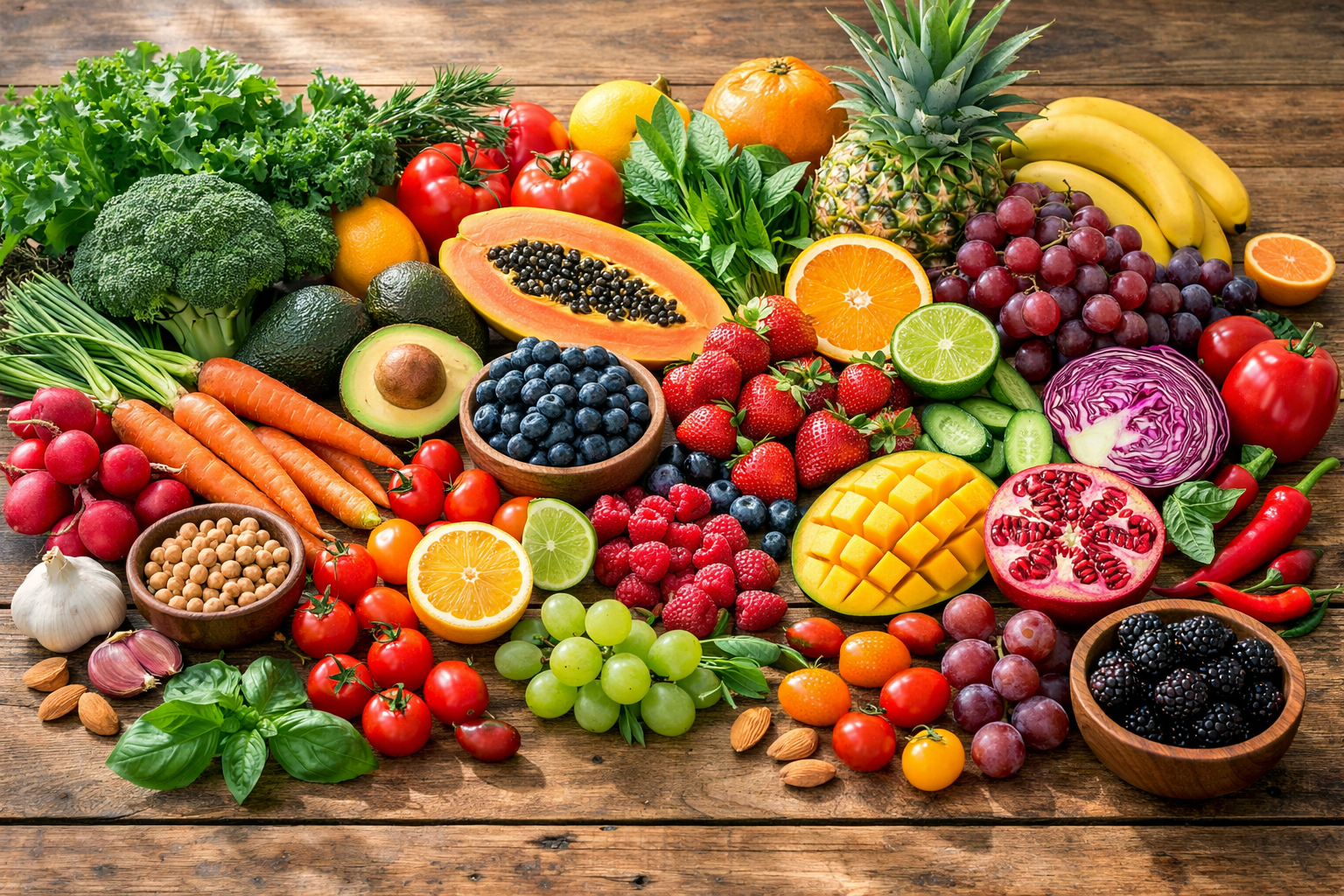 colorful fresh vegetables and fruits arranged on wooden table, vibrant wellness food styling, natural light, healthy eating concept